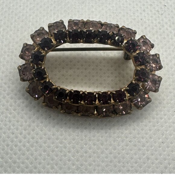 Vintage Oval Rhinestone Brooch With Purple & Pink Stones Gold-Tone Finish - Picture 2 of 3